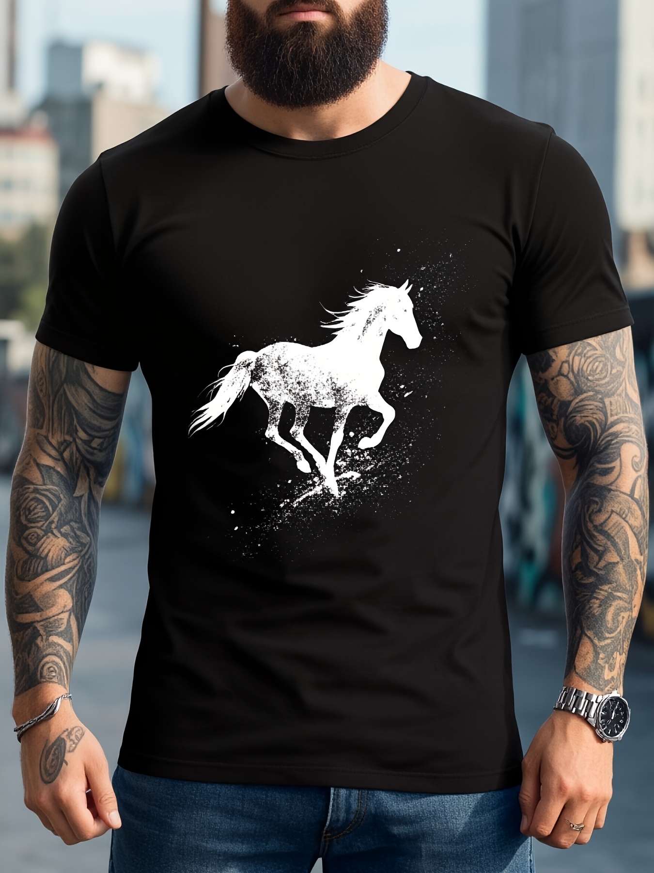 Tall Men Formal Wear - Men's Dynamic Horse Print T-Shirt, Breathable
