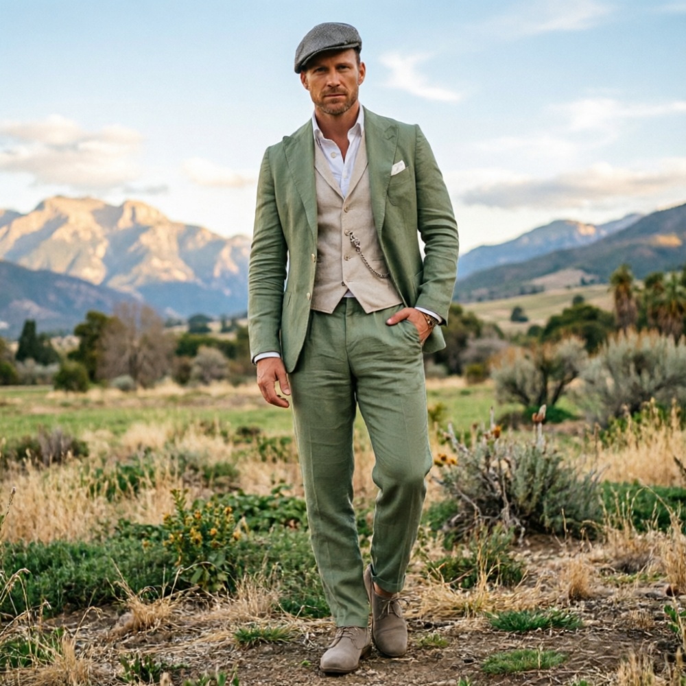 Sage Green Linen Men 3 Piece S - огляд і ціна Men Formal Wear Summer
